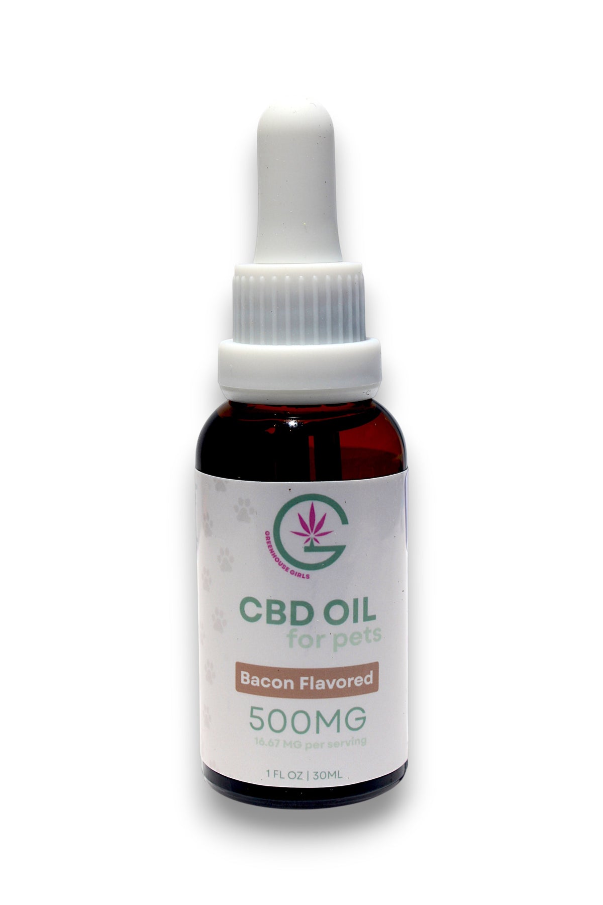 Greenhouse Girls 500mg bacon-flavored CBD oil tincture for dogs and cats in an amber glass bottle with a dropper.