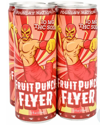 Four cans of Foundry Nation Fruit Punch Flyer THC soda on a white background
