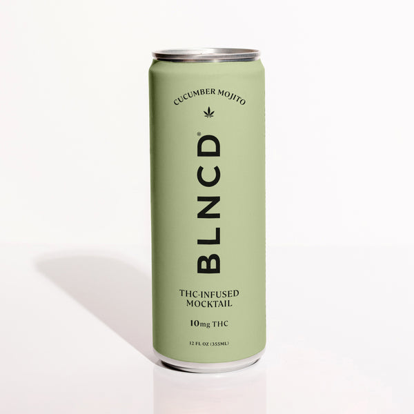 Green can of BLNCD THC-infused mocktail on a white background