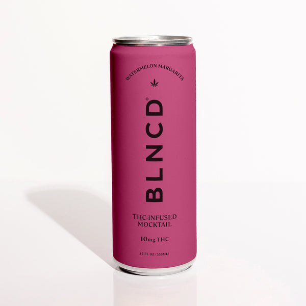 Pink can of BLNCD THC-infused mocktail on a white background