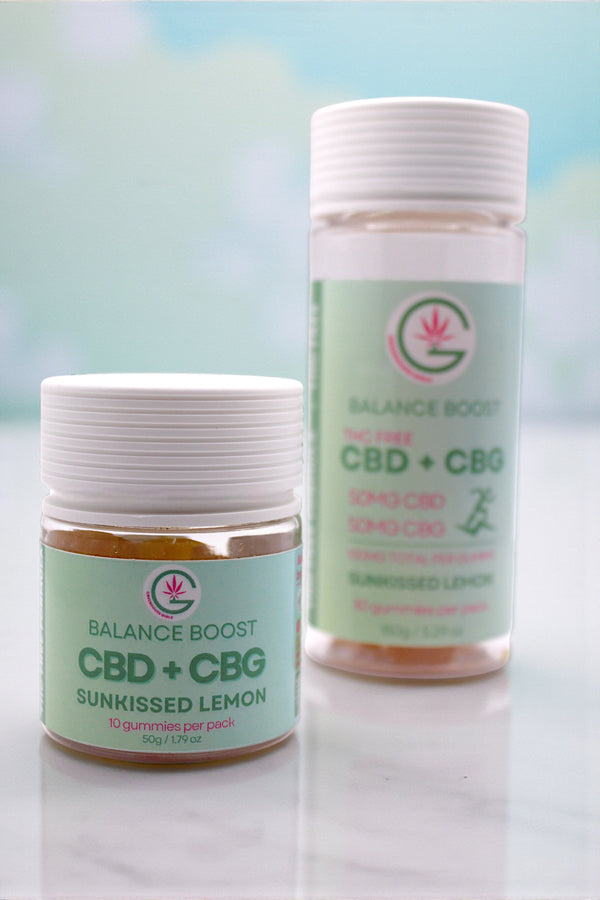 Two jars of Balance Boost CBD + CBG on a light background