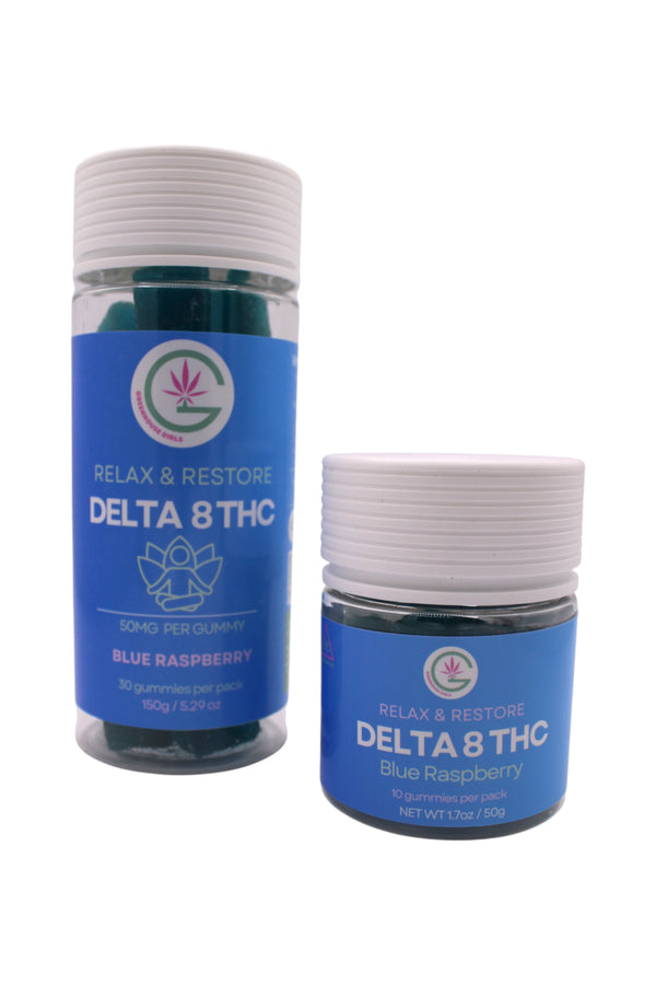 blue raspberry delta 8 relax and restore gummies on white backround
