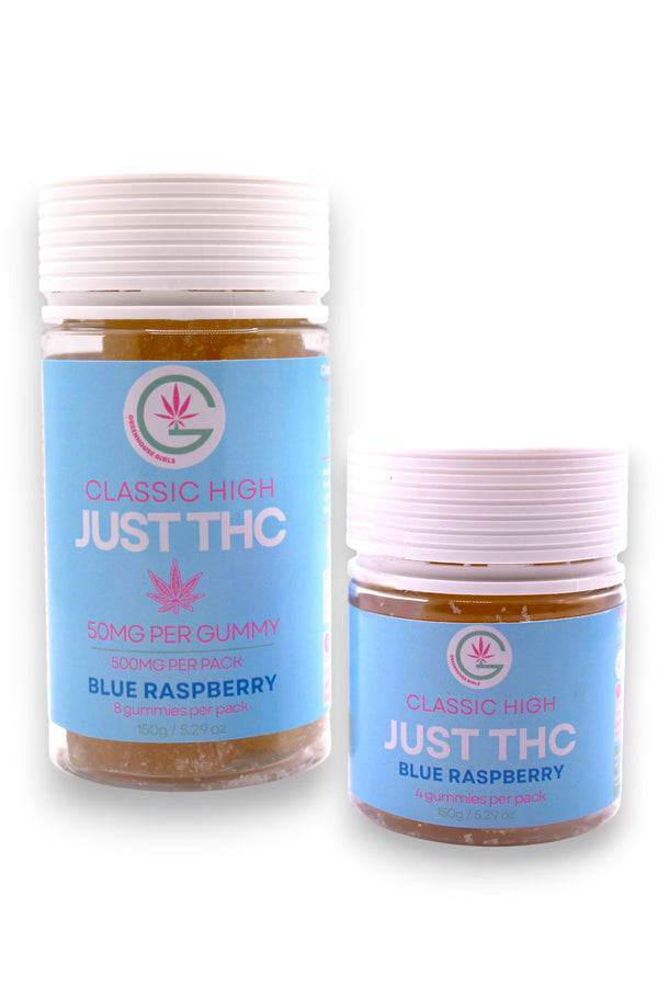 Two jars of 'Just THC' Greenhouse Girls THC Gummies blue raspberry gummies on a white background