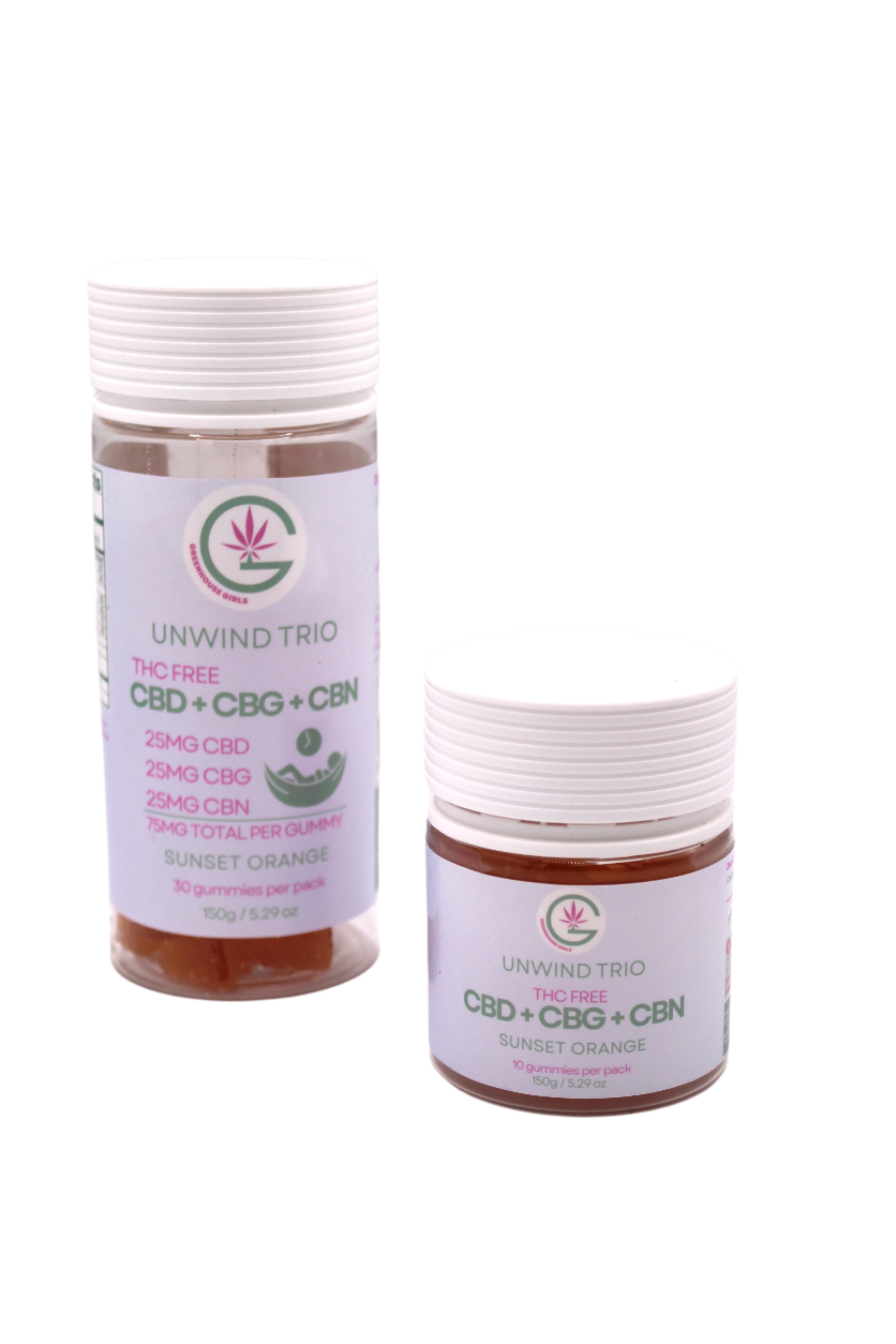 Two jars labeled 'Unwind Trio' with CBD, CBG, and CBN on a white background