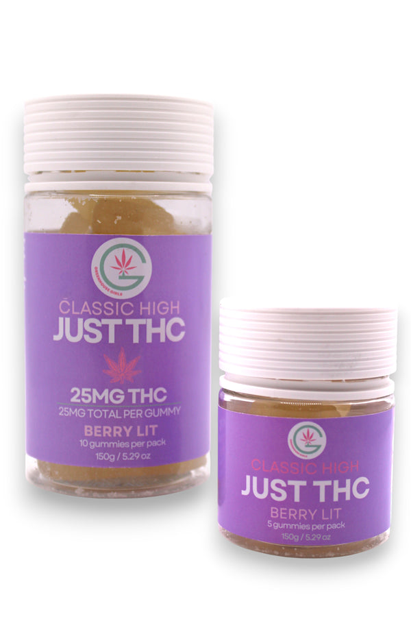 Two jars of 'Just THC' greenhouse girls gummies with purple labels on a white background