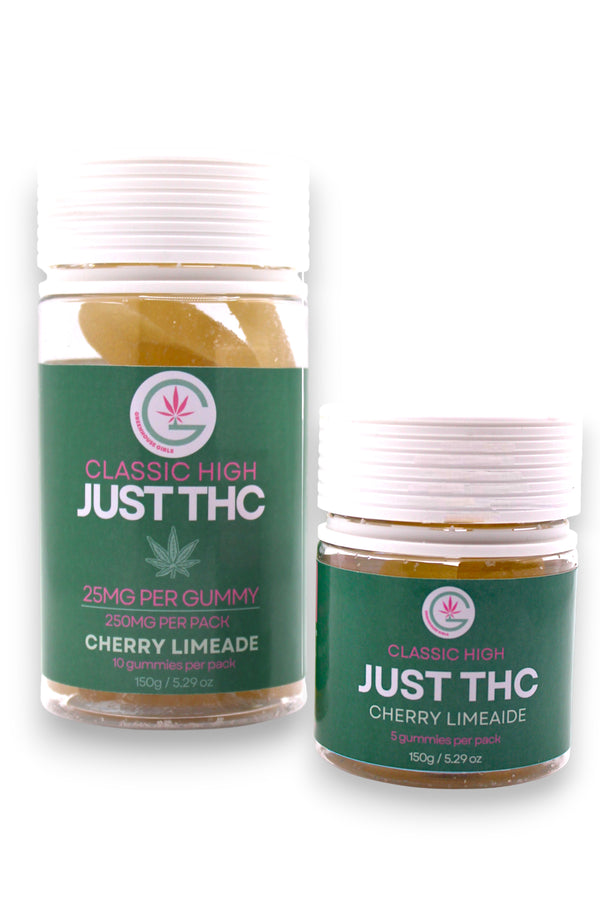 Two jars of 'Just THC' gummies with purple labels on a white background