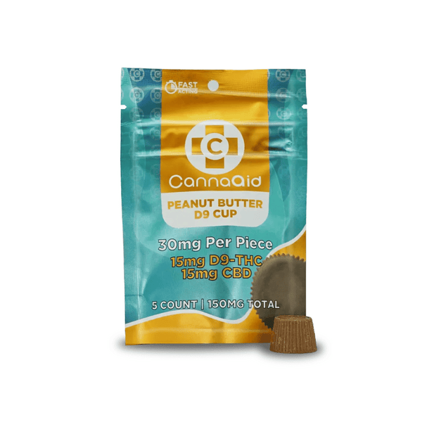 Cannaaid peanut butter D9 cup packaging with a white background
