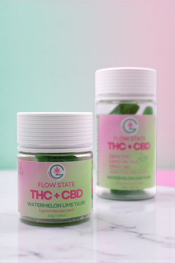 Two jars of Flow State THC + CBD gummies on a marble surface with a pastel gradient background.