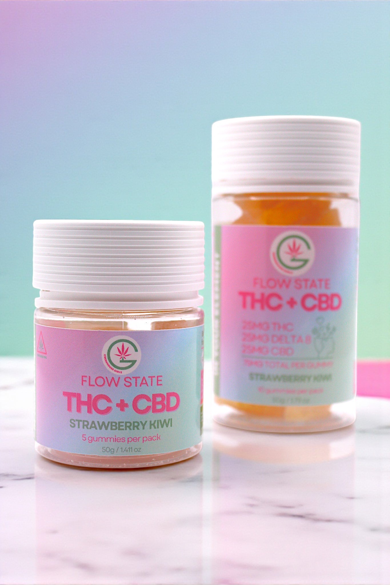 Two jars of Flow State THC + CBD products on a marble surface with a colorful background.