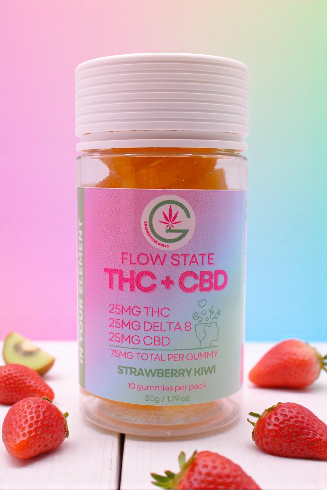 Jar of Flow State THC + CBD gummies with strawberries on a colorful background