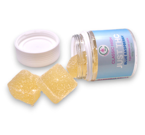 Jar of blue raspberry gummies with a visible brand label on a white background