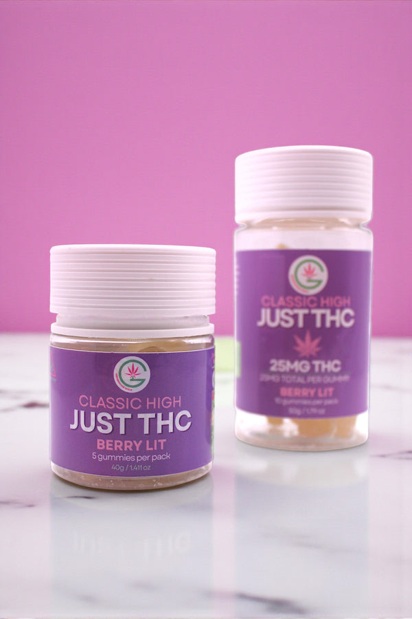Two jars of 'Classic High Just THC' on a pink background