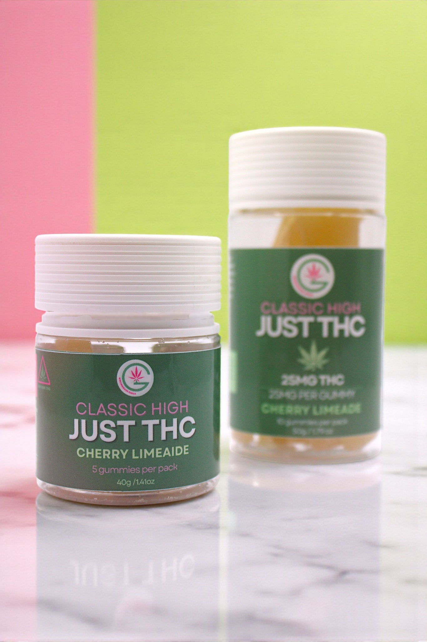 Two jars of 'Classic High Just THC' on a colorful background