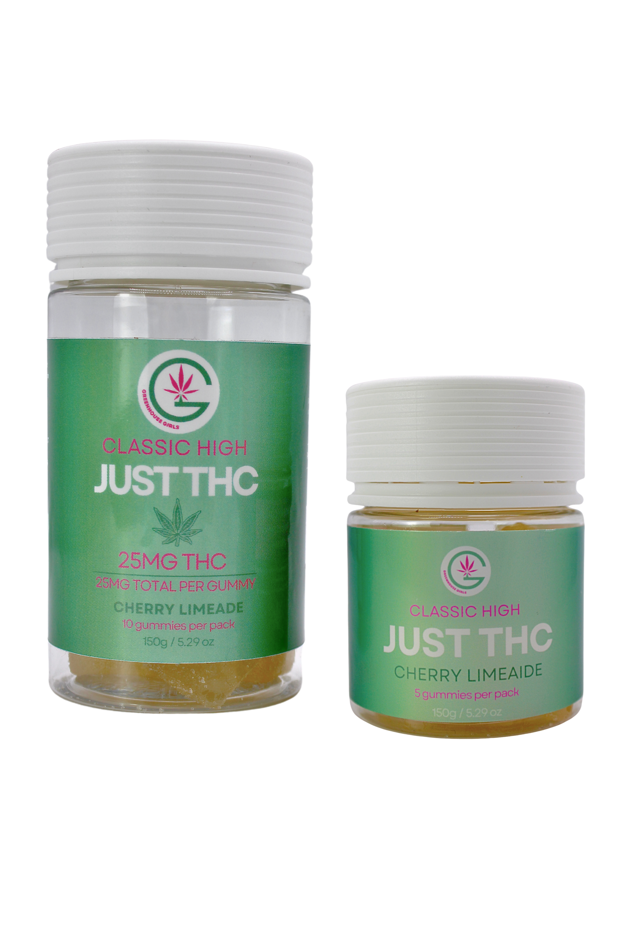 Two jars of 'Just THC' cherry limeade flavor on a white background