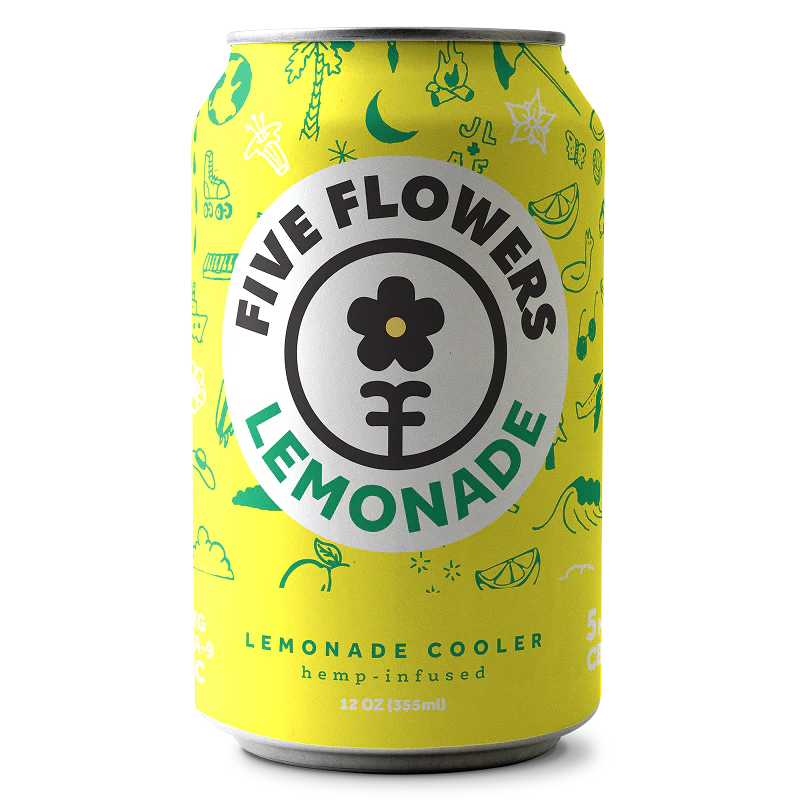 Five Flowers Lemonade can with yellow background and green illustrations
