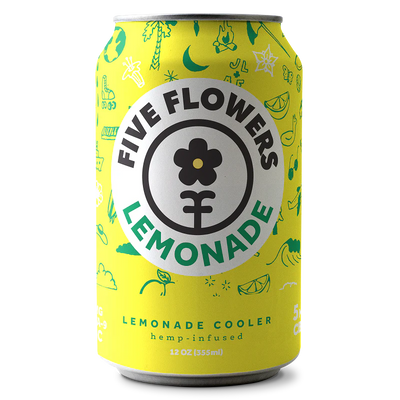 Five Flowers Lemonade can with yellow background and green illustrations