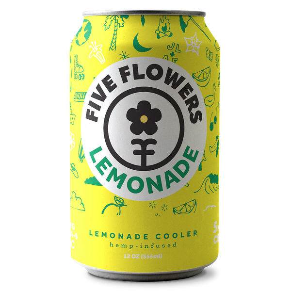 Five Flowers Lemonade can with yellow background and green illustrations