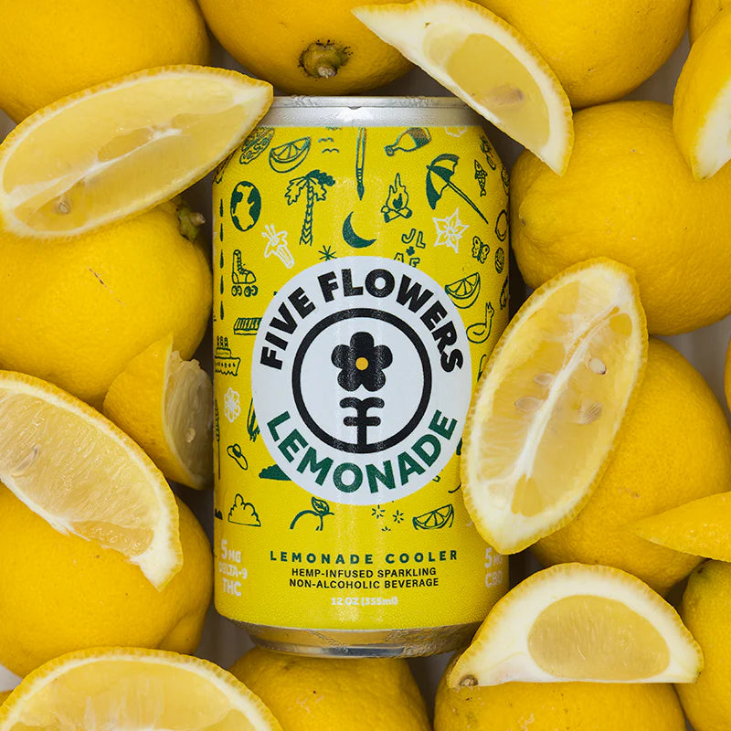 Five Flowers Lemonade can surrounded by sliced lemons