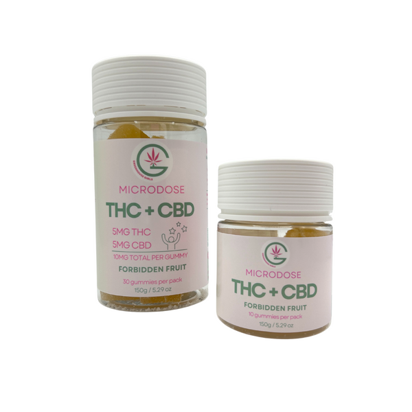 Two jars of Microdose THC + CBD gummies on a white background