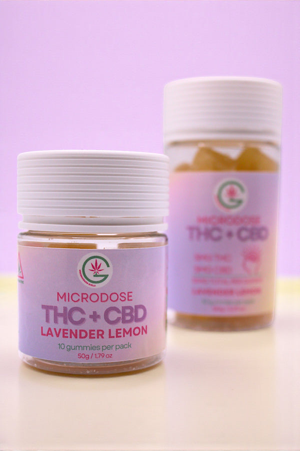 Two jars of Microdose THC + CBD gummies on a light purple background