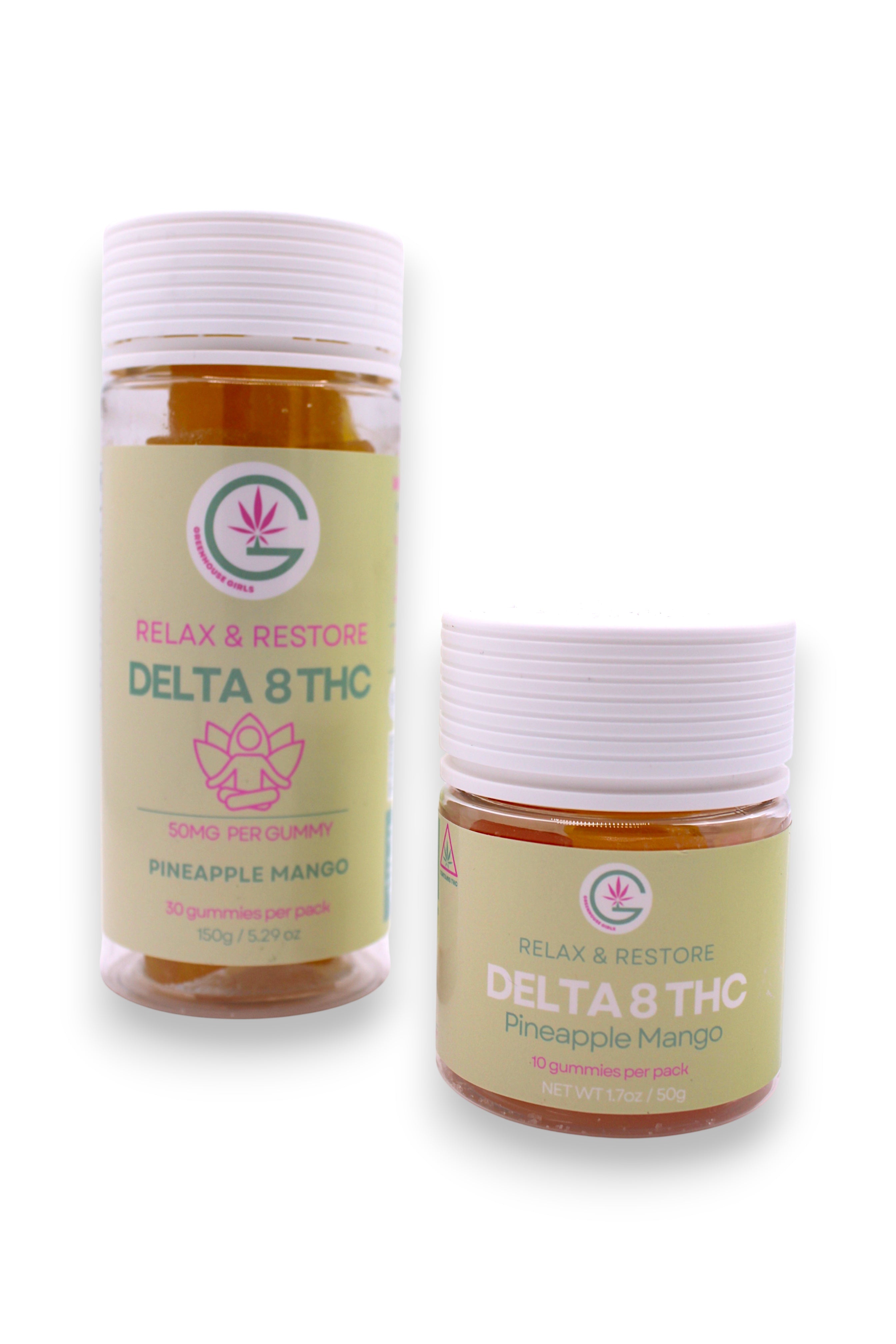 Two jars of Delta 8 THC product labeled 'Relax & Restore' with pineapple mango flavor on a white background.