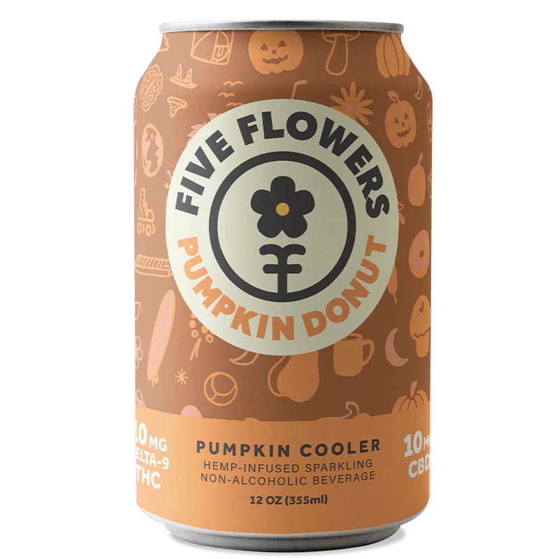 Five Flowers Pumpkin Donut Pumpkin Cooler can with pumpkins and donuts on a white background