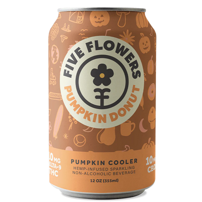 Five Flowers Pumpkin Donut Pumpkin Cooler can with pumpkins and donuts on a white background