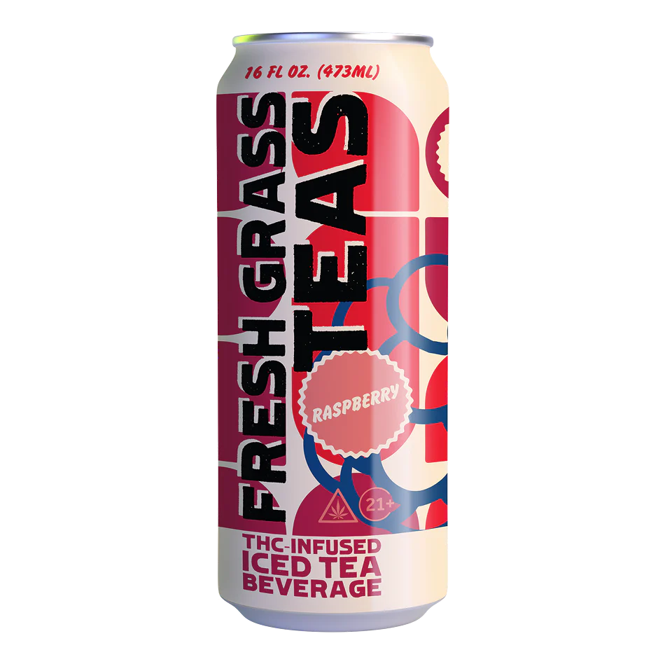 Can of Fresh Grass Teas Raspberry THC-infused iced tea beverage on a white background