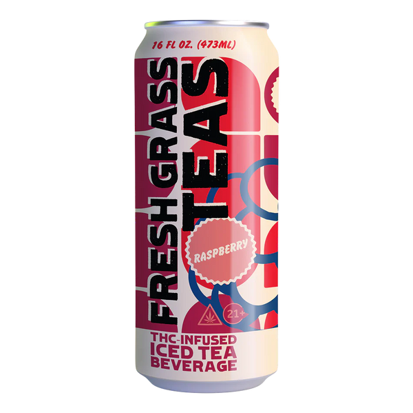 Can of Fresh Grass Teas Raspberry THC-infused iced tea beverage on a white background