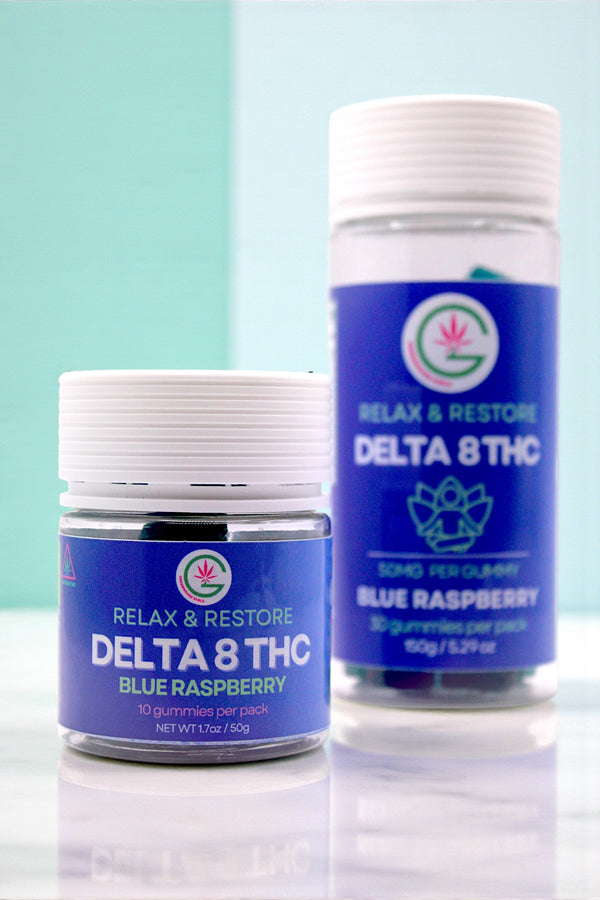 Two containers of Delta 8 THC gummies with blue labels on a light blue background