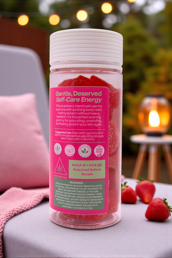 Bottle of 'Gentle Deserved Self-Care Energy' with strawberry flavor on a table outdoors.
