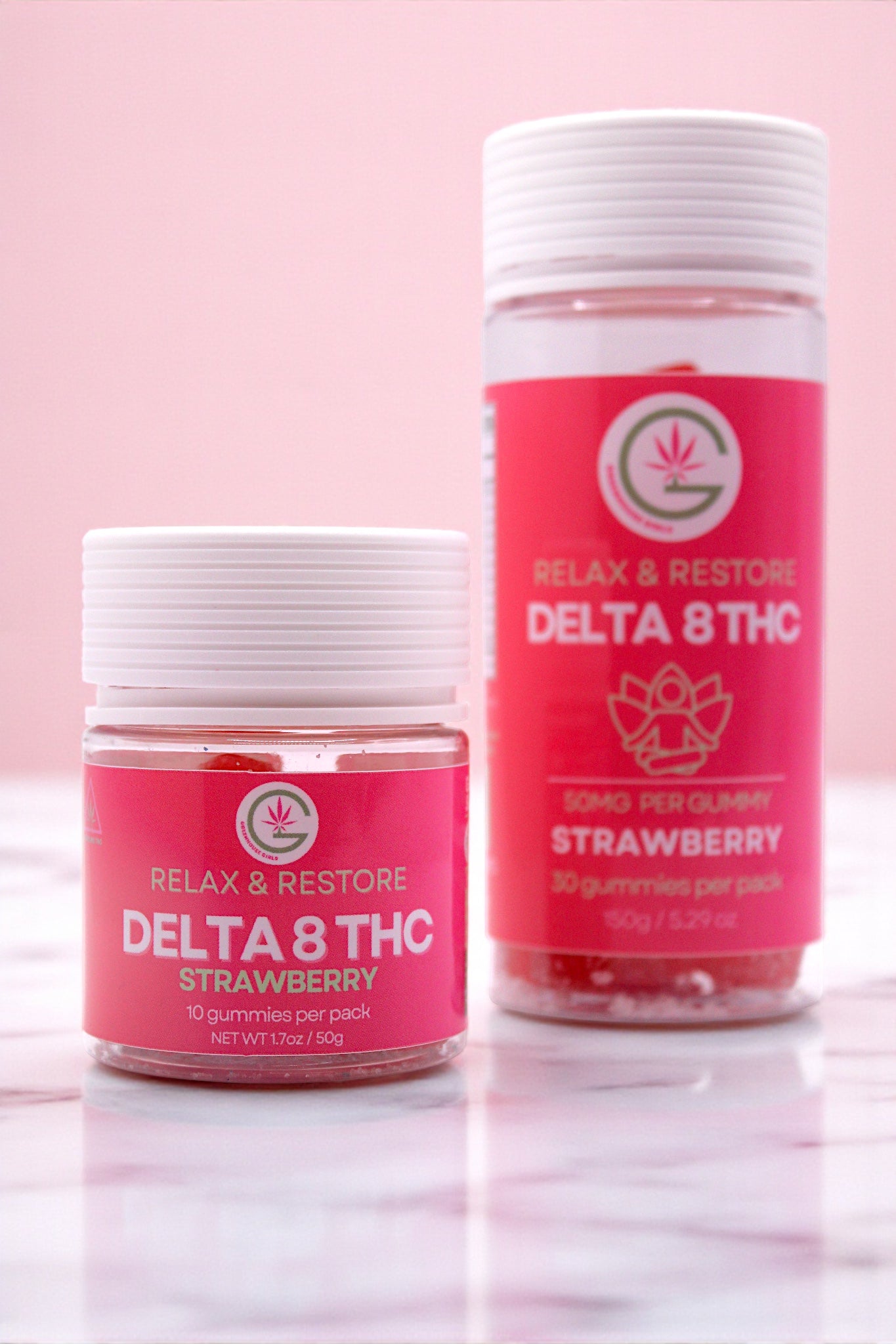 Two containers of Delta 8 THC gummies with pink labels on a light pink background