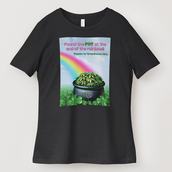 Black t-shirt with a graphic of a pot of gold and rainbow on a white background