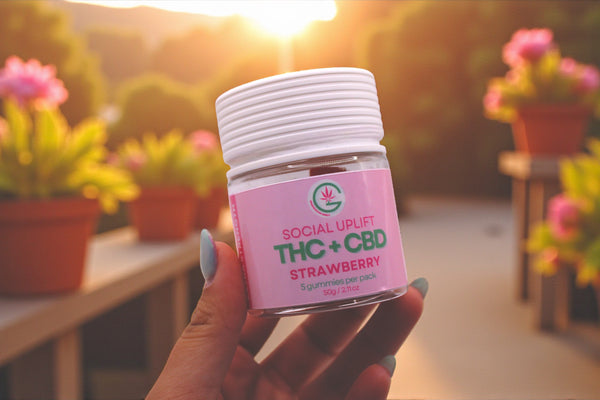 Hand holding a container labeled 'Social Uplift THC + CBD Strawberry' with a blurred outdoor background.
