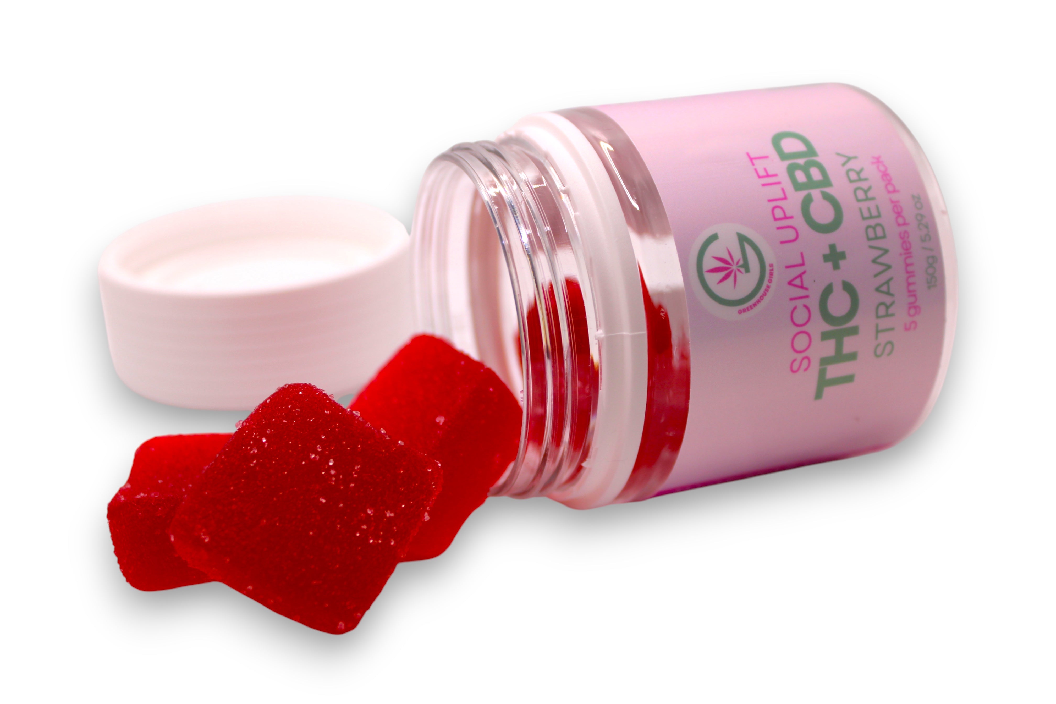 Pink container of THC+CBD strawberry gummies with a gummy bear on a white background