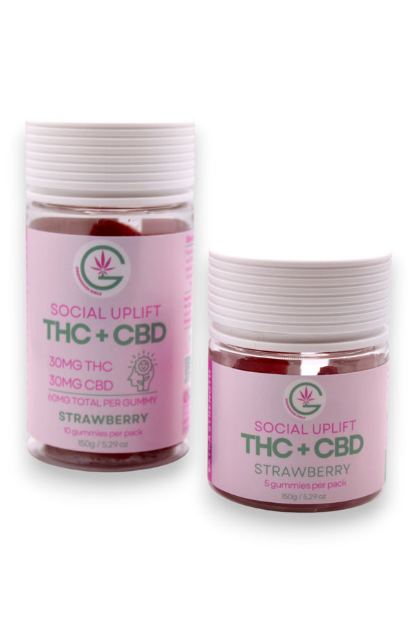 Two jars of 'Social Uplift THC + CBD Strawberry' on a white background