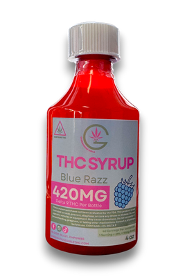 Bottle of THC syrup labeled 'Blue Razz' with 420MG on a white background
