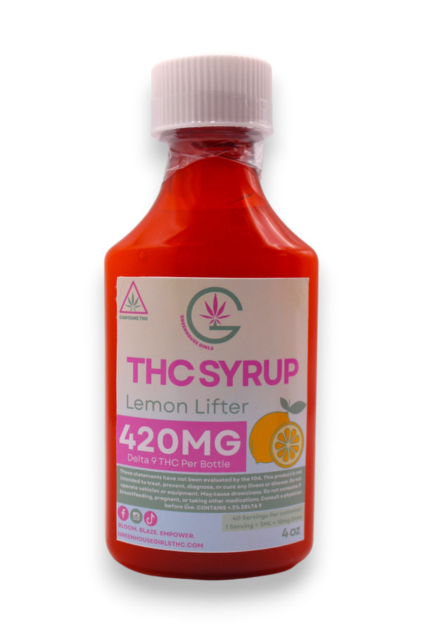 Bottle of THC Syrup Lemon Lifter with a white cap on a white background