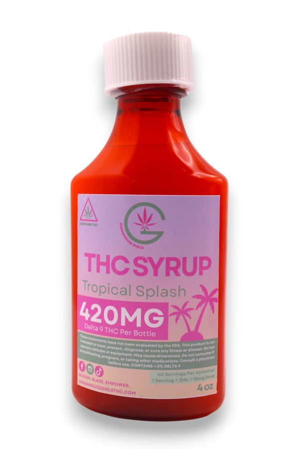Red bottle of THC syrup labeled 'Tropical Splash' with 420MG THC on a white background