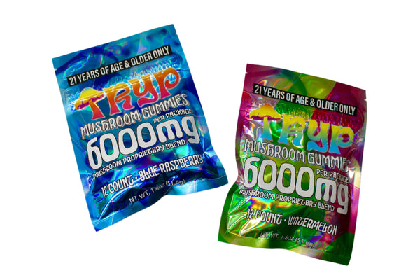 Two packages of Tryp Mushroom Gummies with colorful branding, one in blue and one in green, both labeled with 6000mg dosage.
