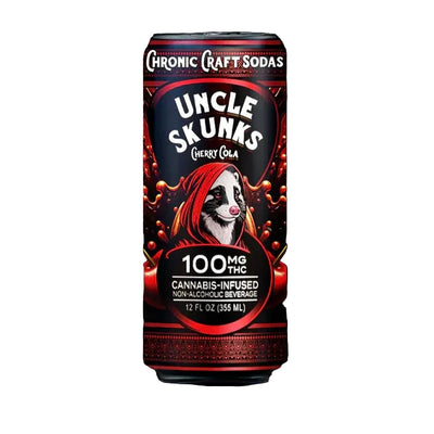 Canned drink labeled 'Uncle Skunks Cherry Cola' with cannabis-infused branding on a black background.