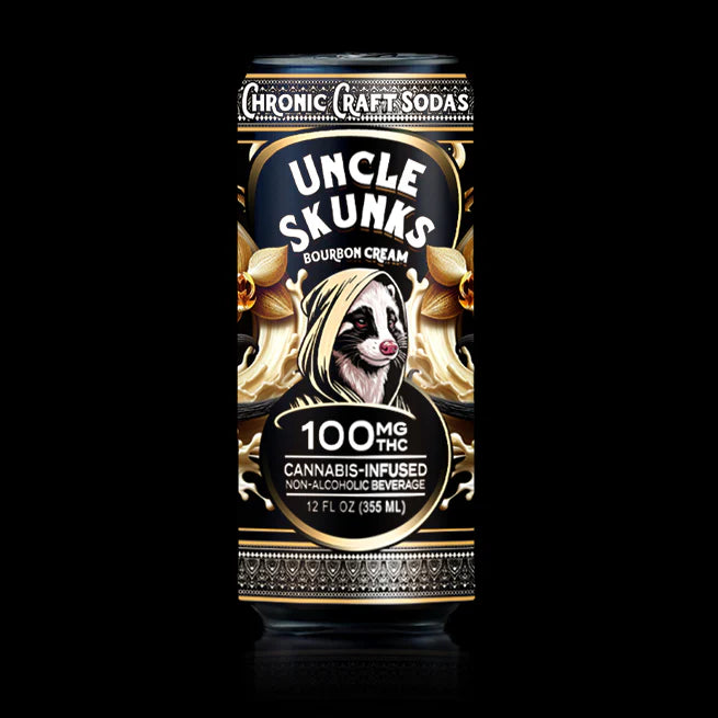Cannabis-infused beverage can with 'Uncle Skunks' branding on a black background