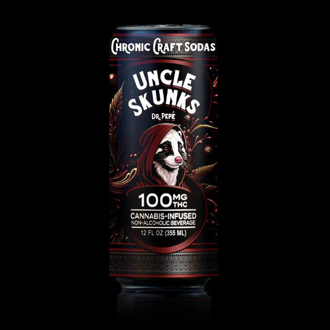 Cannabis-infused non-alcoholic beverage can with 'Uncle Skunks' branding on a black background