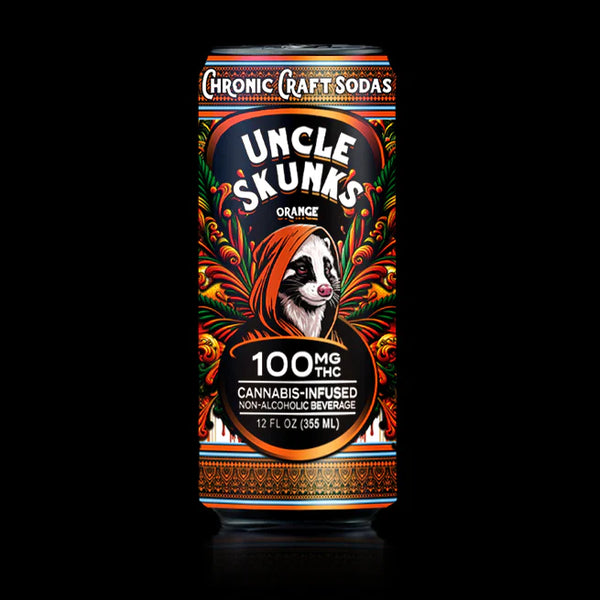 Cannabis-infused soda can with 'Uncle Skunks' branding on a black background
