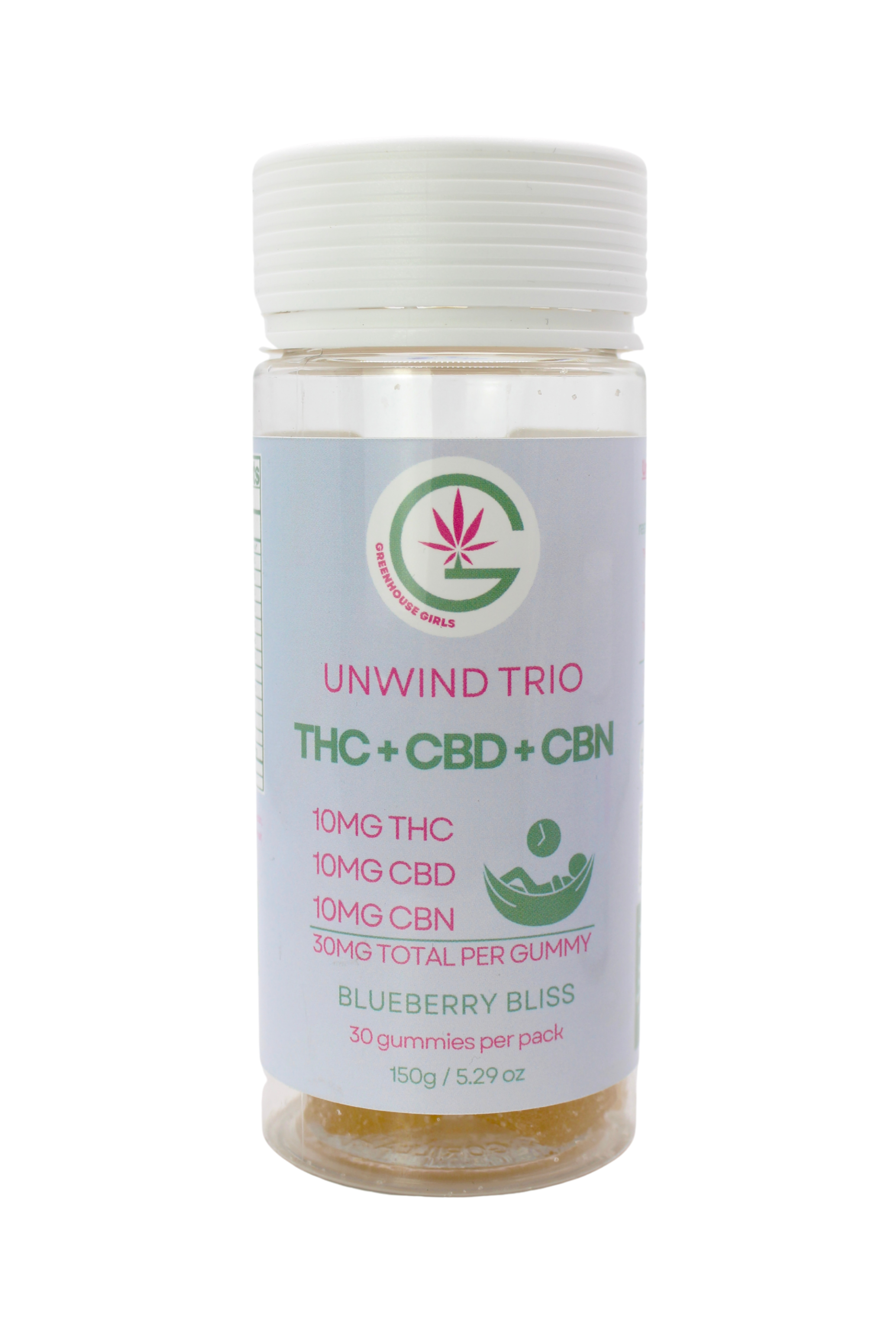 Bottle of 'Unwind Trio' gummies with THC, CBD, and CBN on a white background