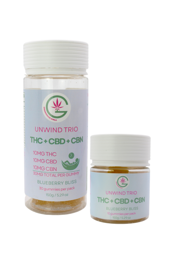 Two bottles of 'Unwind Trio' THC + CBD + CBN with a white background