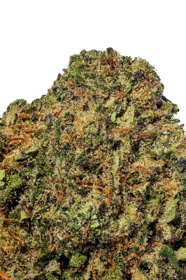 Close-up of a cannabis bud with green and orange coloration on a white background