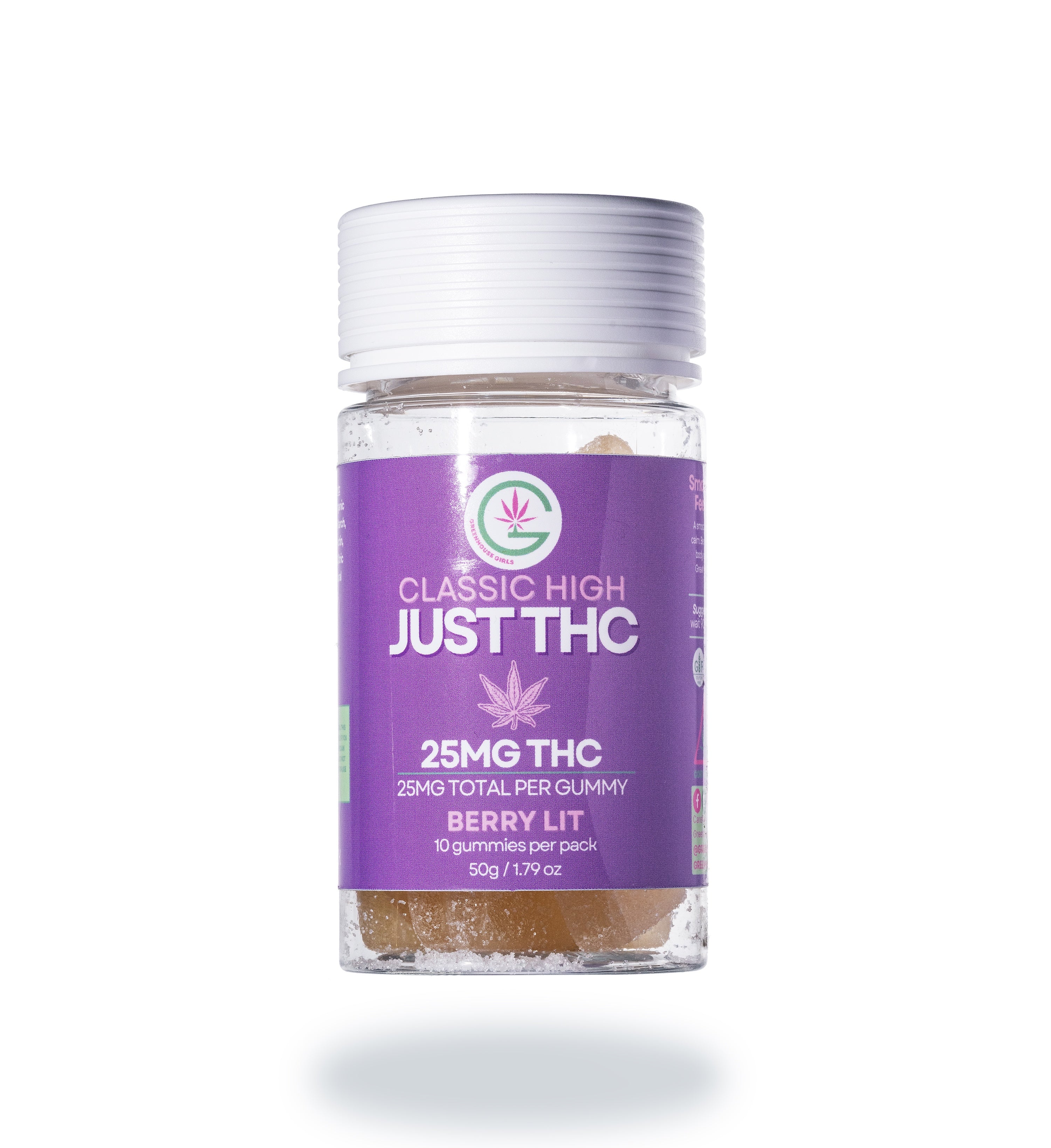 large berry lit "just THC' gummies in purple jar