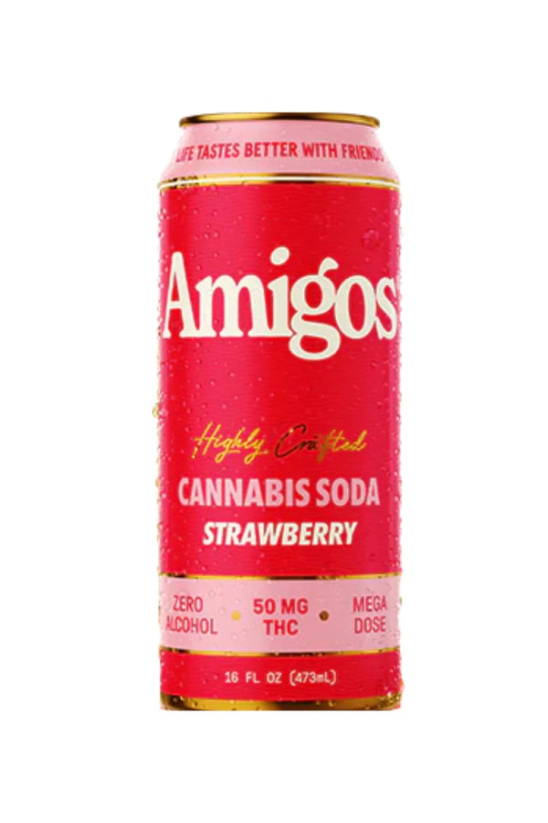 Red can of Amigos Strawberry Cannabis Soda on a white background