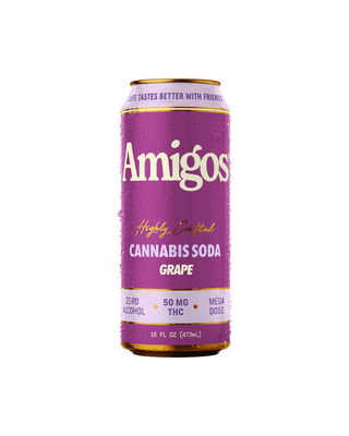 Greenhouse Girls Amigos grape cannabis soda can with 50mg Delta-9 THC, featuring a purple design with condensation.